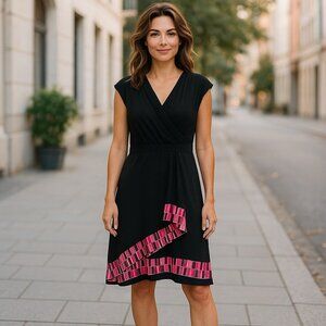 Apt. 9 Black Ruffle Neck Tile Border Dress with Pockets Size 2X 18 20 22 Plus Sz